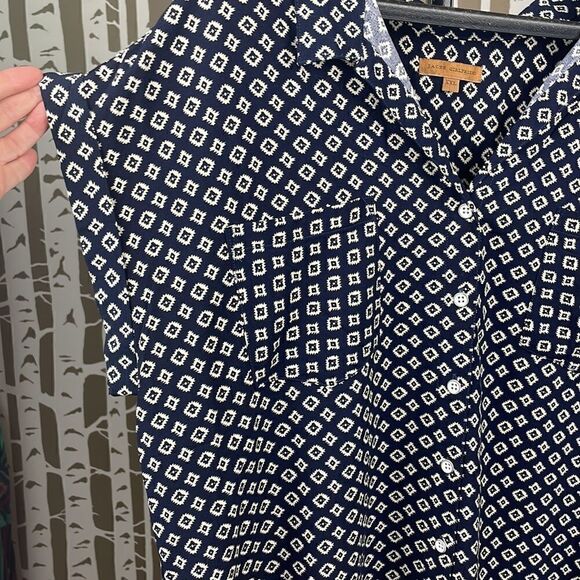JACHS Girlfriend Cap Sleeve Button Down Short Sleeve Printed Blouse navy & cream - Picture 2 of 13